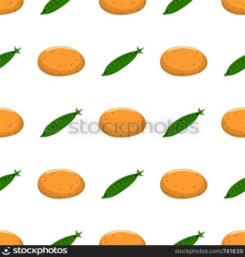 Seamless pattern with potato and green pea vegetables. Organic food. Cartoon style. Vector illustration for design, web, wrapping paper, fabric, wallpaper.