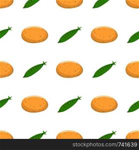 Seamless pattern with potato and green pea vegetables. Organic food. Cartoon style. Vector illustration for design, web, wrapping paper, fabric, wallpaper.