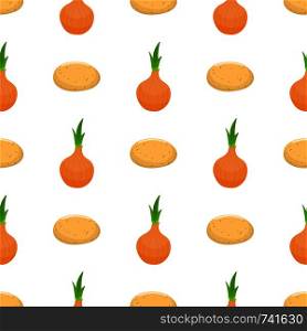Seamless pattern with potato and onion vegetables. Organic food. Cartoon style. Vector illustration for design, web, wrapping paper, fabric, wallpaper.