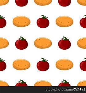 Seamless pattern with potato and red tomato vegetables. Organic food. Cartoon style. Vector illustration for design, web, wrapping paper, fabric, wallpaper.