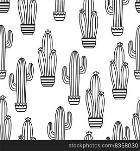 Seamless pattern with potted cactus Vector outline illustration drawings For design packaging, textile, background, design postcards and posters
