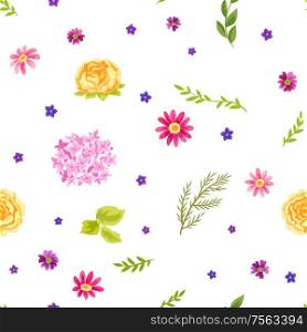 Seamless pattern with pretty flowers. Beautiful decorative natural plants, buds and leaves.. Seamless pattern with pretty flowers.