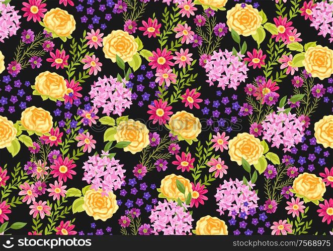 Seamless pattern with pretty flowers. Beautiful decorative natural plants, buds and leaves.. Seamless pattern with pretty flowers.