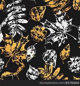 Seamless pattern with printed leaves. Art illustration of autumn foliage.. Seamless pattern with printed leaves.
