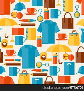 Seamless pattern with promotional gifts and souvenirs.