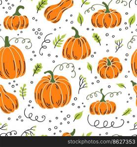Seamless pattern with pumpkin. Hand drawn vector illustration. Farm market product, vegetable.