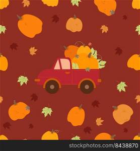 Seamless pattern with pumpkin truck. Autumn truck with harvest of vegetables on burgundy background with autumn leaves and pumpkins. Vector illustration. Fall pattern for design, packaging, textiles
