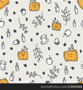 Seamless pattern with pumpkins and autumn elements. Perfect for scrapbooking, poster, textile and prints. Hand drawn vector illustration for decor and design.