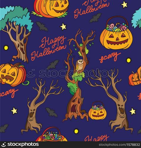 Seamless pattern with pumpkins and dead trees cartoon Halloween theme on blue. Vector illustration Halloween concept. For packaging paper, Wallpaper, design, decoration, textiles, design cushion.. Seamless pattern with pumpkins and Halloween theme