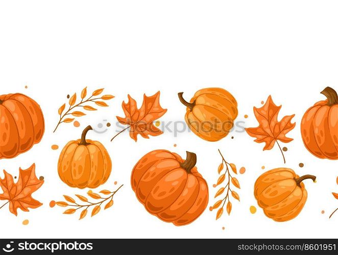 Seamless pattern with pumpkins and leaves. Decorative image of seasonal autumn vegetable and plant.. Seamless pattern with pumpkins and leaves. Decorative image of autumn vegetable and plant.