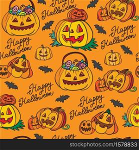 Seamless pattern with pumpkins cartoon Halloween theme orange background. Vector illustration Halloween concept. For packaging paper, Wallpaper, design, decoration, textiles, design cushion.. Seamless pattern Halloween pumpkins on orange background