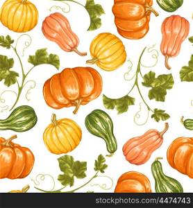 Seamless pattern with pumpkins. Decorative ornament from vegetables and leaves. Seamless pattern with pumpkins. Decorative ornament from vegetables and leaves.