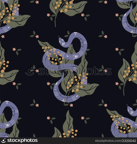 Seamless pattern with purple snakes and flowers on a black background. Vector illustration with hand drawn reptiles.