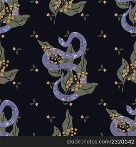 Seamless pattern with purple snakes and flowers on a black background. Vector illustration with hand drawn reptiles.