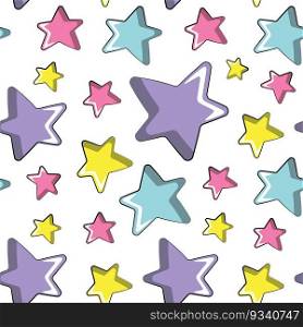 Seamless pattern with purple, yellow, blue and pink stars on white background