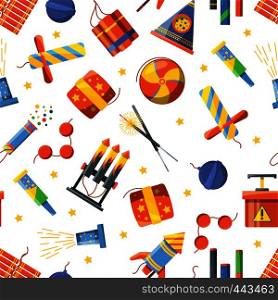 Seamless pattern with pyrotechnic tools, Vector pattern firecracker and skyrocket, bomb and dynamite illustration. Seamless pattern with pyrotechnic tools