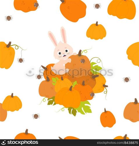 Seamless pattern with rabbit and pumpkins. Cute bunny with big autumn pumpkin harvest on white background with vegetables and funny spiders. Vector illustration for design, packaging and wallpaper