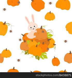 Seamless pattern with rabbit and pumpkins. Cute bunny with big autumn pumpkin harvest on white background with vegetables and funny spiders. Vector illustration for design, packaging and wallpaper
