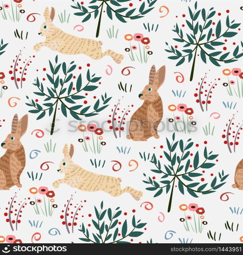 Seamless pattern with rabbit. Forest pattern vector background