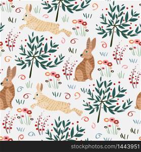 Seamless pattern with rabbit. Forest pattern vector background