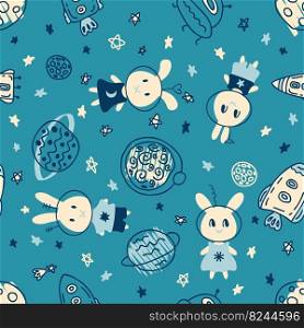 Seamless pattern with rabbits cosmonauts explore universe. Perfect futuristic print for tee, textile and fabric. Vector illustration for decor and design.