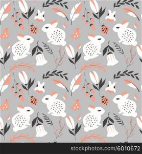 Seamless pattern with rabbits, lady bugs, birds and flowers, vector illustration