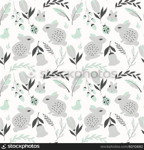 Seamless pattern with rabbits, lady bugs, birds and flowers, vector illustration
