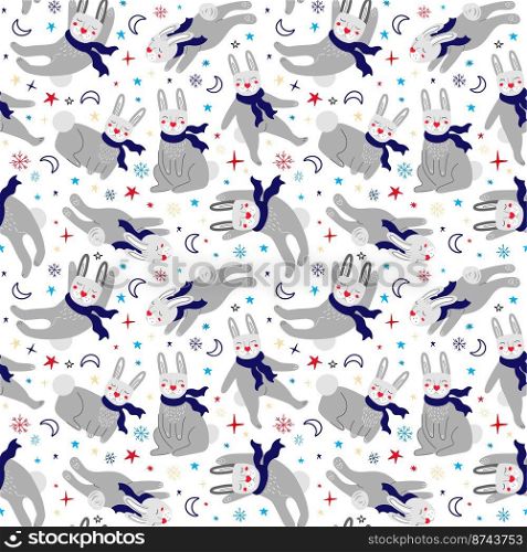 Seamless pattern with rabbits, snowflakes and stars. Rabbits seamless background.Symbol of 203 year. Vector illustration. Seamless pattern with rabbits in scarves