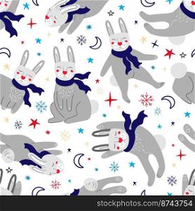 Seamless pattern with rabbits, snowflakes and stars. Rabbits seamless background.Symbol of 203 year. Vector illustration. Seamless pattern with rabbits in scarves