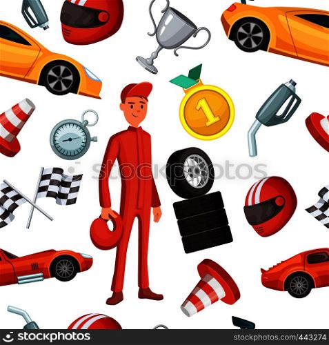 Seamless pattern with racer and racing sport cars. Vector sport illustrations formula one competition background. Seamless pattern with racer and racing sport cars. Vector sport illustrations