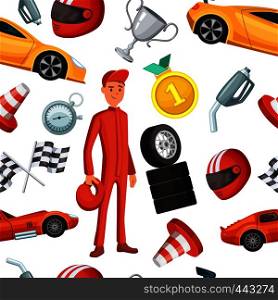 Seamless pattern with racer and racing sport cars. Vector sport illustrations formula one competition background. Seamless pattern with racer and racing sport cars. Vector sport illustrations