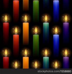 Seamless pattern with rainbow burning candles on a dark background. Vector texture in clipping mask for fabrics, backgrounds and your creativity. Seamless pattern with rainbow burning candles on a dark background. Vector texture