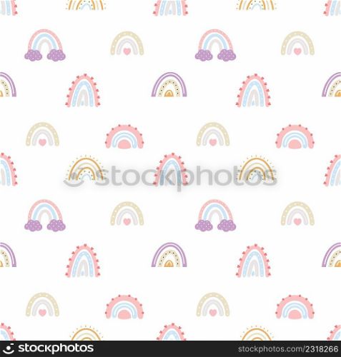 Seamless pattern with rainbow in doodle style. Set for decorating children room. Background for sewing baby clothing, printing on fabric and packaging paper.