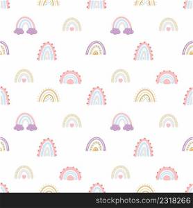 Seamless pattern with rainbow in doodle style. Set for decorating children room. Background for sewing baby clothing, printing on fabric and packaging paper.