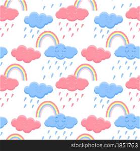 Seamless pattern with rainbows and clouds, vector illustration. Clouds with rain and multicolored rainbows, childish cute background. Template for wallpaper, paper and packaging.. Seamless pattern with rainbows and clouds, vector illustration.