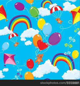 Seamless pattern with rainbows, clouds, colorful balloons, kite, parachute and teddy bears on sky blue background.