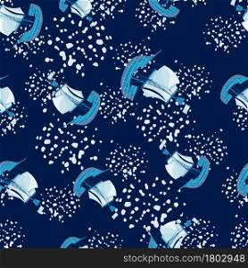 Seamless pattern with random blue sailboat ship ornament. Dark background with splashes. Simple style. Designed for fabric design, textile print, wrapping, cover. Vector illustration.. Seamless pattern with random blue sailboat ship ornament. Dark background with splashes. Simple style.