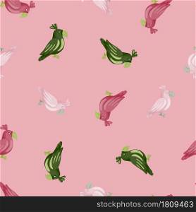 Seamless pattern with random pink, white and green parrots elements. Pastel pink background. Perfect for fabric design, textile print, wrapping, cover. Vector illustration.. Seamless pattern with random pink, white and green parrots elements. Pastel pink background.