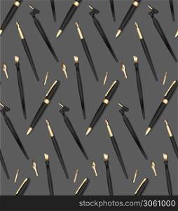 Seamless pattern with realistic 3D pens, pencils and feathers for writing. Stationery on a gray background. Vector texture for wallpapers, backgrounds and your creativity.. Seamless pattern with realistic 3D pens, pencils and feathers for writing. Stationery on a gray background. Vector texture