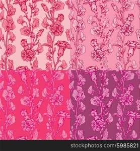 Seamless pattern with Realistic graphic flowers - clove and sweet pea - hand drawn background in red, pink and purple colors.
