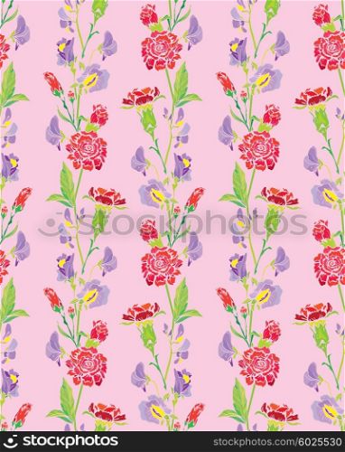 Seamless pattern with Realistic graphic flowers - clove and sweet pea - hand drawn background.