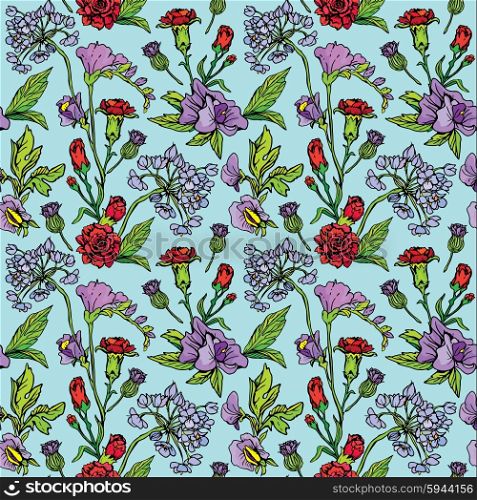 Seamless pattern with Realistic graphic flowers - hand drawn background.