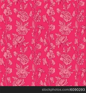 Seamless pattern with Realistic graphic flowers - peony and clove - hand drawn background in pink colors.