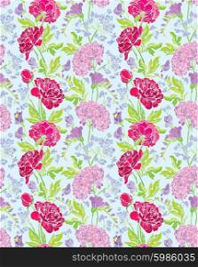 Seamless pattern with Realistic graphic flowers - peony and sweet pea - hand drawn background.
