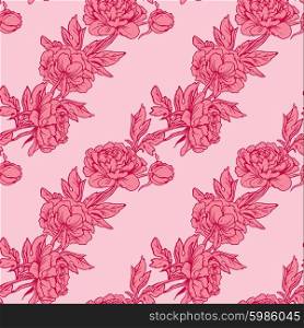 Seamless pattern with Realistic graphic flowers - peony - hand drawn background in pink colors.