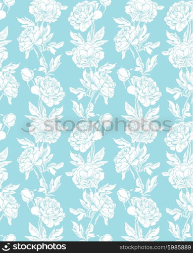 Seamless pattern with Realistic graphic flowers - peony - hand drawn background in white and blue colors.