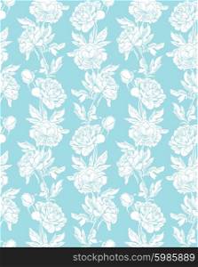 Seamless pattern with Realistic graphic flowers - peony - hand drawn background in white and blue colors.