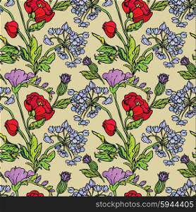 Seamless pattern with Realistic graphic flowers - poppy and sweet pea - hand drawn background.
