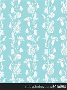 Seamless pattern with Realistic graphic flowers - sweet pea and clove - hand drawn background in white and blue colors.