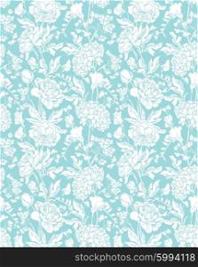 Seamless pattern with Realistic graphic flowers - sweet pea, peony and gardenia - hand drawn background in white and blue colors.